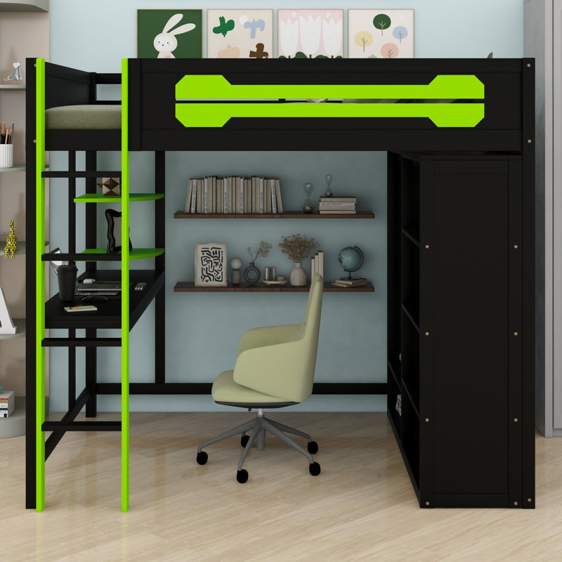 Lit mezzanine avec bureau intégré, armoire ouverte, Vert