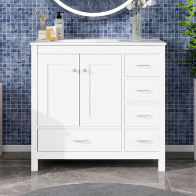 Meuble-lavabo 36 po avec lavabo en céramique, armoire de salle de bain en bois massif avec deux portes à fermeture en douceur et 5 tiroirs