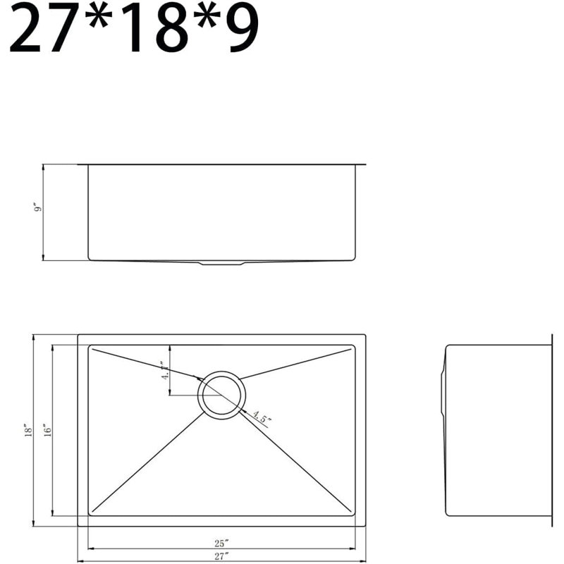 27" Undermount Kitchen Sink, Handmade 304 Stainless Steel, Single Bowl with Brushed Finish, Includes Bottom Grid & Accessories, for Modern Kitchen