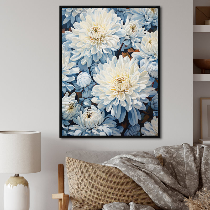 Blooming Mums, reproduction de peinture sur toile beige et bleue I, H 20 po x l 12 po, Cadre flottant noir