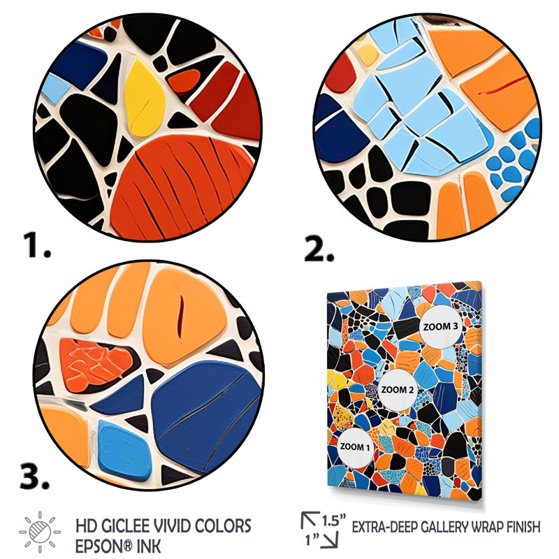 Carreaux de couleur orange bleu - tuile abstraite, art mural, H 20 po x l 12 po x P 1 po, Cadre simple noir