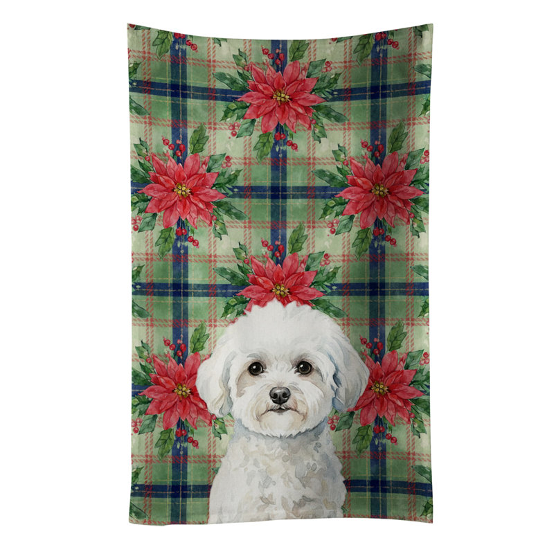 Bichon Frise Christmas PoinsettIas Kitchen Towel, White Bichon Frise