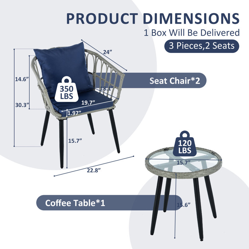 Ensemble de conversation pour patio 3 pièces avec coussins 3 pièces Shamai, Bleu