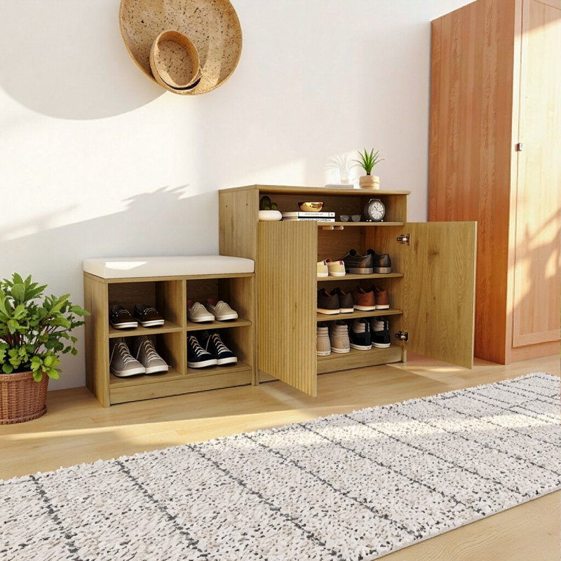 Entryway Storage Cabinet with Shoe Bench & Adjustable Shelves, Natural Finish, American Traditional Design, Natural