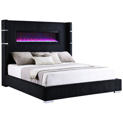 King Bed With Wingback And Flame Box, Black Upholstered For Bedroom