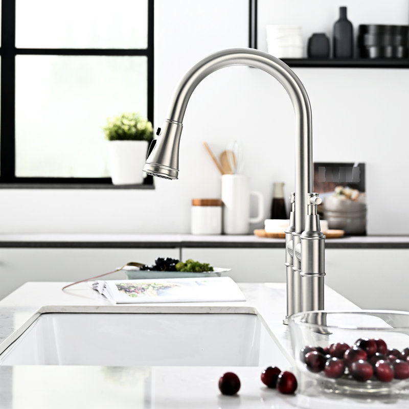 Kitchen Sink 3 Hole Faucet With Pull-Down , Brushed Nickel, 2 Handles, Stylish Classic Design, Brushed Nickel