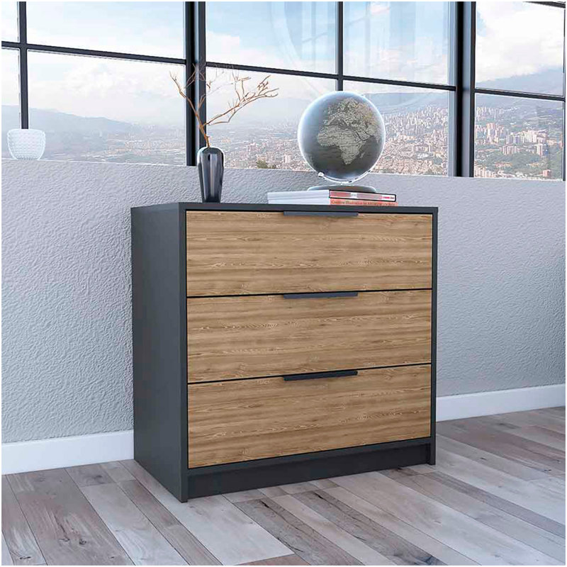Dresser 27"H, 3 Drawers Dresser, Superior Top, Black / Light Oak, Brown/Black