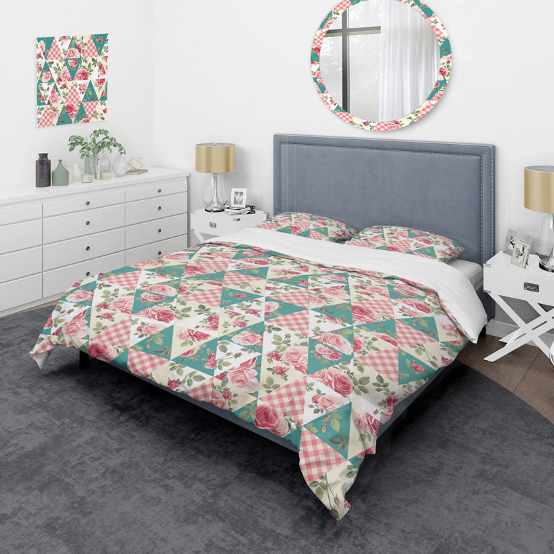 Patchwork vert et rose - ensemble de housse de couette abstrait - microfibre de polyester