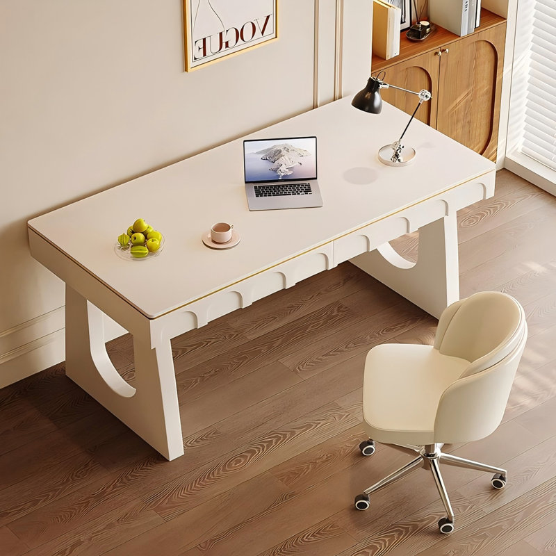Cream White Rectangle Sintered Stone Writing Desk, 29.53" H x 55.12" W x 23.62" D