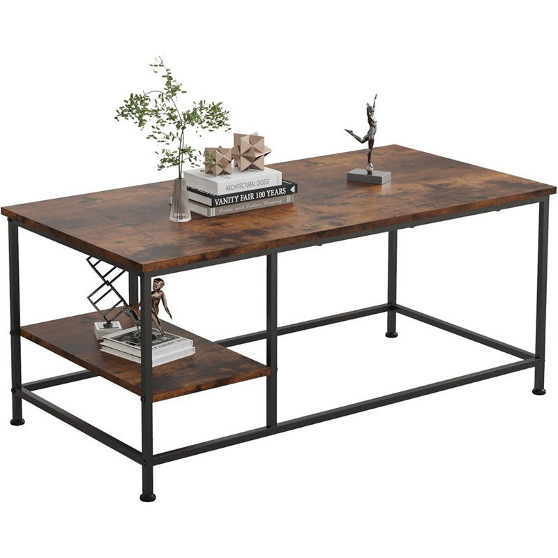 Table basse rectangulaire en bois et métal brun avec tablette de rangement pour petits salons avec tablette