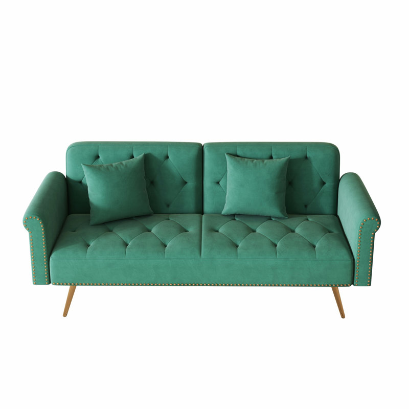 Tufted Loveseat, Upholstered Sofa With Throw Pillow, Green