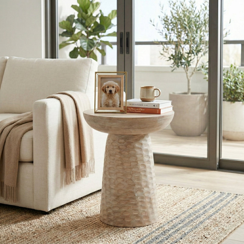 Hand-Carved Wood Accent Side Table with Washed Finish for Home Decor  Sytling  - Sculptural Narrow End Table for Living Room Setup - 20", White