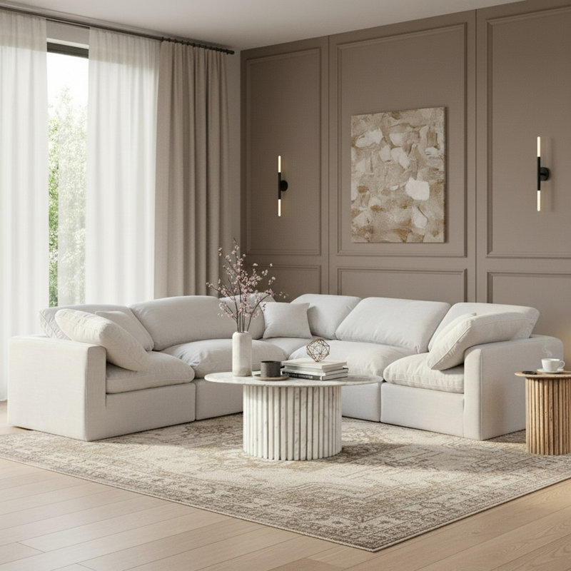 Canapé modulaire en coin 5 pièces Hinami, Tissu texturé en lin blanc