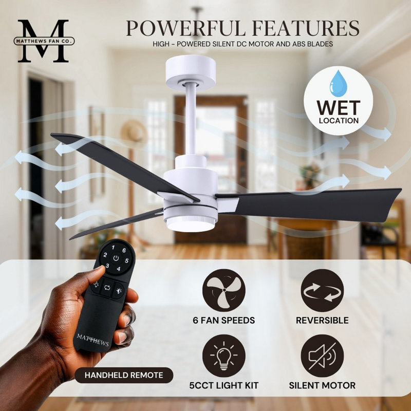 Alessandra - Three Blade Transitional Ceiling Fan -LED, Matte White, 56", Matte Black