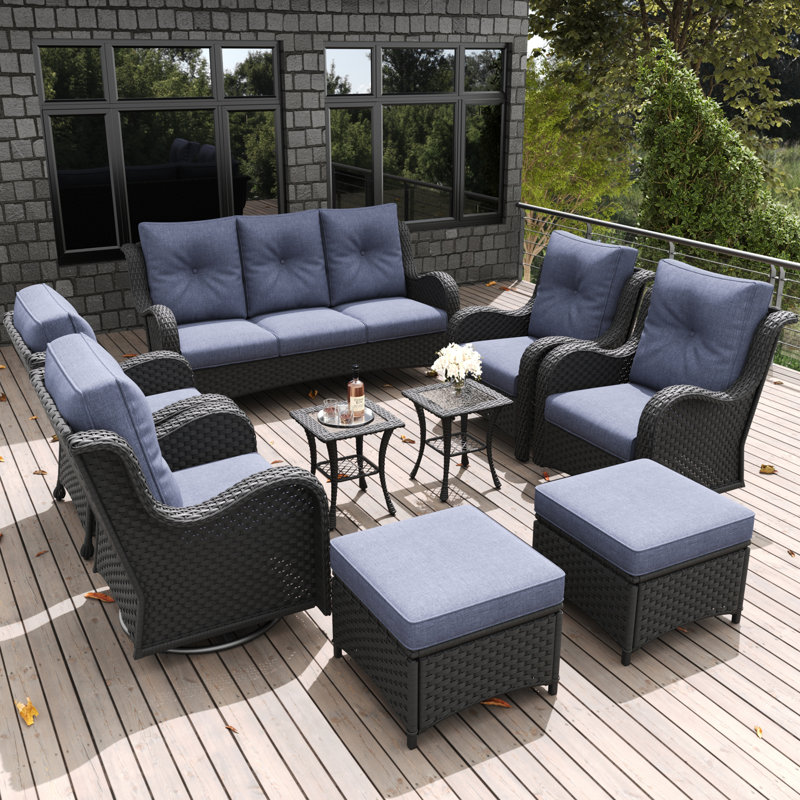 LayinSun 9 Pieces Outdoor Patio Furniture Set With Sofa And Ottoman, Navy, Black