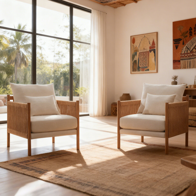 Fauteuil d'appoint en rotin avec coussin lombaire Boho, Beige