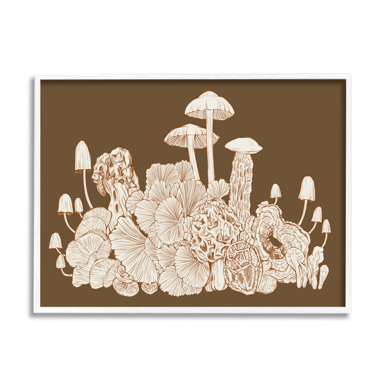 Croquis de champignon brun sur fond de forêt boho par Ziwei Li, H 11 po x l 14 po, Giclée encadrée noir minuit