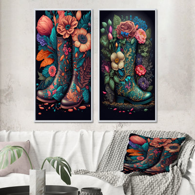 " Bright Floral Bouquet In Farm Boots " by Designart 2 - Pieces