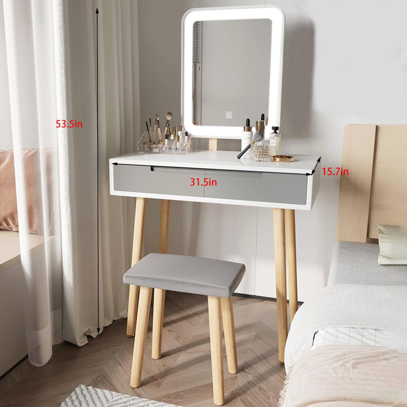 Ensemble de coiffeuse avec miroir à luminosité réglable et tabouret rembourré, coiffeuse et coiffeuse avec organisateur de maquillage gratuit