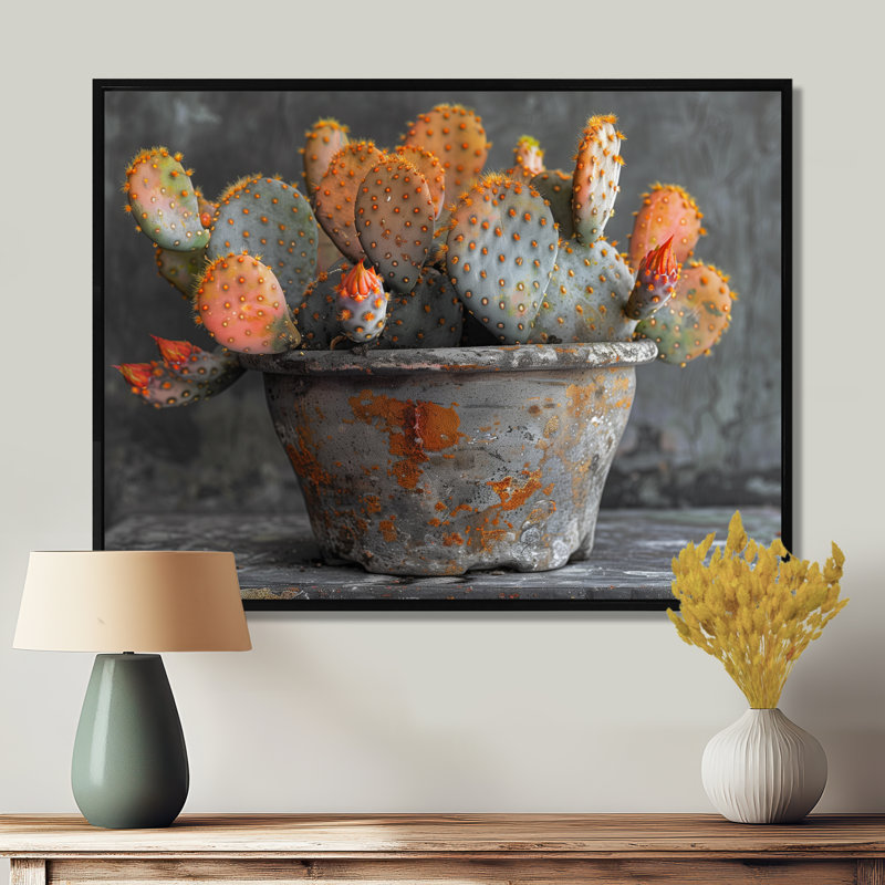 Décoration murale orange orange et vert en forme de cactus dans un vase II - cactus floral, Toile avec cadre flottant noir