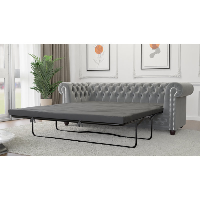 Chesterfield Hanna Sofa Set with Sleeping Function 3+2+1 Made of Velvet Fabric with Solid Wood Legs, Grey