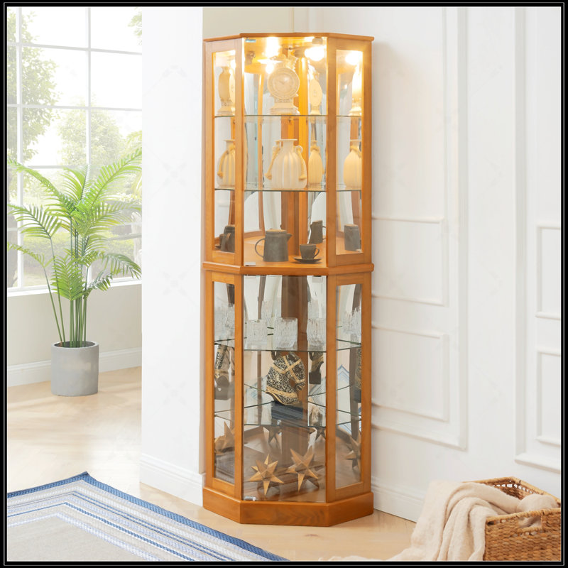 Vitrine de coin à 6 tablettes avec lumières, Chêne