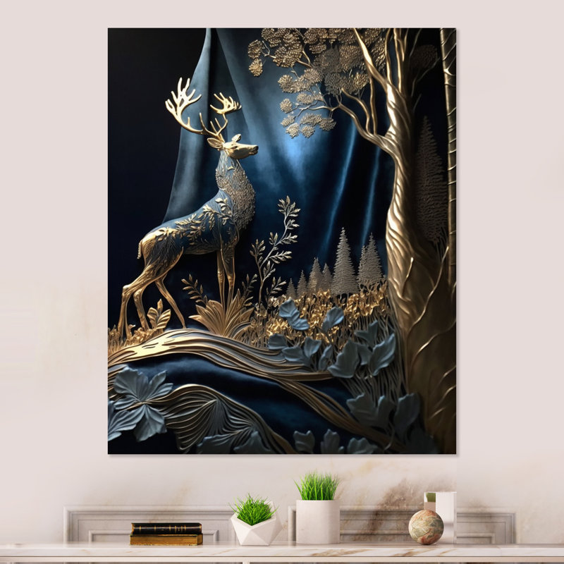 «Golden Deer in Forest I», impression sur métal sans cadre, H 32 po x l 24 po x P 1 po