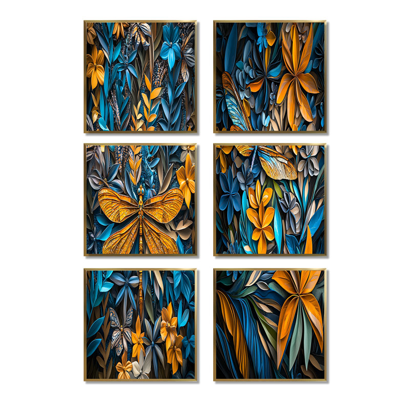 «Blue and Yellow Dragonfly Rainforest Radiance - Dragonfly», ensemble d'art mural sur toile, Doré