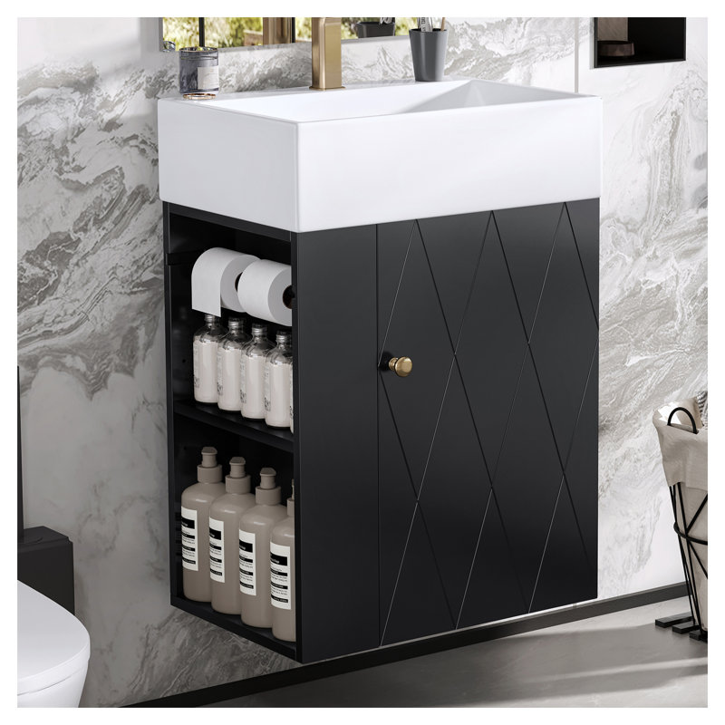 Petit meuble-lavabo de 20 pouces avec lavabo en céramique - meuble-lavabo compact moderne avec porte à motif de losanges, poignée dorée et tablettes de rangement latérales