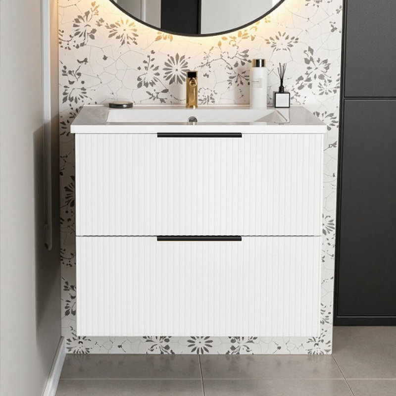 Meuble-lavabo mural flottant 24 po avec lavabo en céramique - Design cannelé moderne et tiroirs de rangement, Blanc
