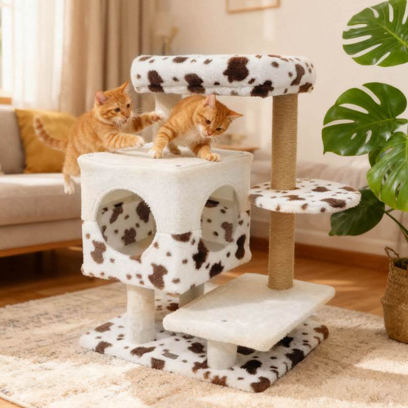 Arbre à chat moderne avec perchoir rembourré large et 2 poteaux à griffer
