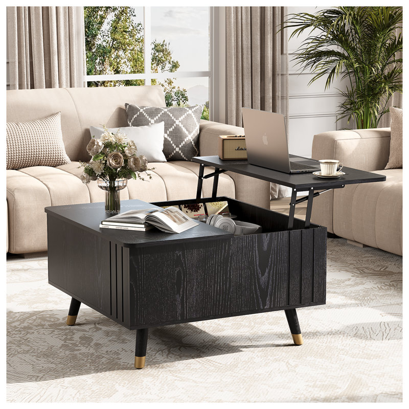 Lift Top Coffee Table With Storage, 31.5" Square Coffee Tables With Lifting Top, Mid Century Modern Center Table With Hidden Compartment For Home Office, Living Room, Black