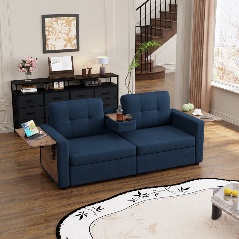 Canapé deux places en chenille avec tables d'appoint pliables, console porte-gobelets et tiroirs de rangement, Blue Chenille