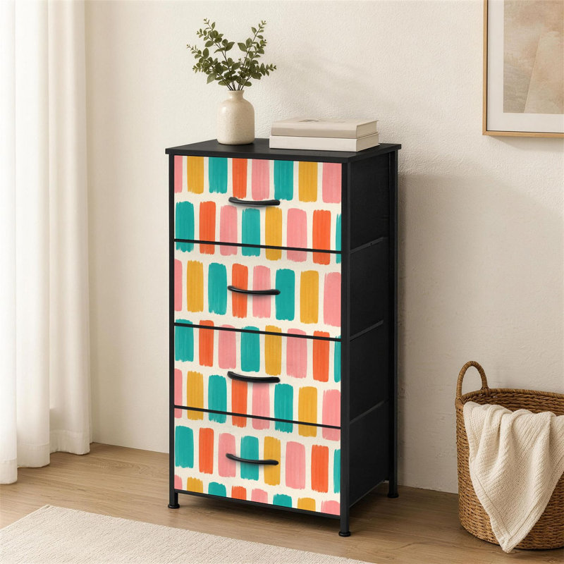 Commode 4 tiroirs pour chambre à coucher avec blocs de couleur abstraits rectangles peints à la main bleu sarcelle / rose / jaune / petite grande commode pour vêtements