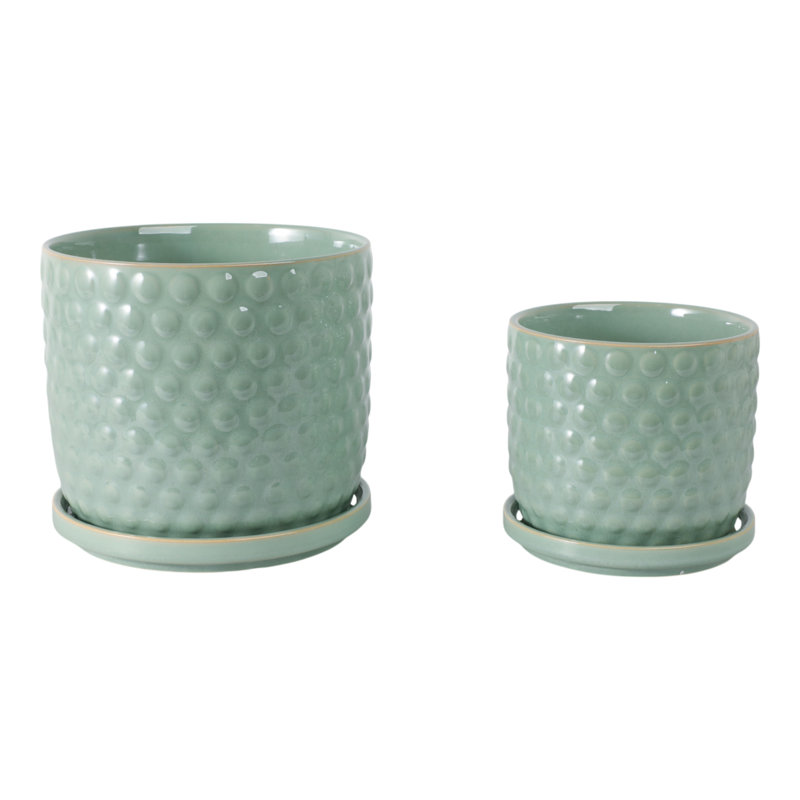 Set Of 2 Ceramic Planters With Textured Bubble Surface And Saucers - Modern Decorative Container Pots For Stylish Indoor Display And Versatile Plant Arrangements