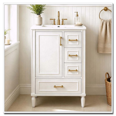 Meuble-lavabo moderne de 24 po avec lavabo en céramique, porte à fermeture douce, 3 tiroirs, poignées dorées et support de porte pour un rangement peu encombrant