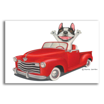 «Happy Boston Terrier» dans un camion rouge sur une impression en plastique / acrylique