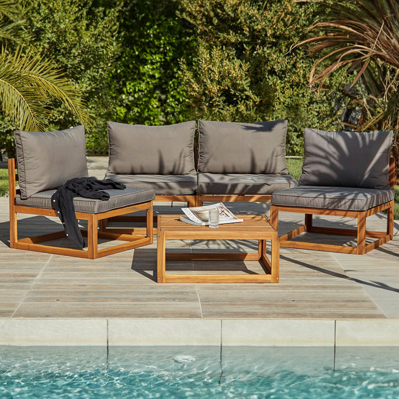 Rimasha Wooden Garden Set with 2 Seater Sofa - 2 Chairs with Coffee Table, Grey