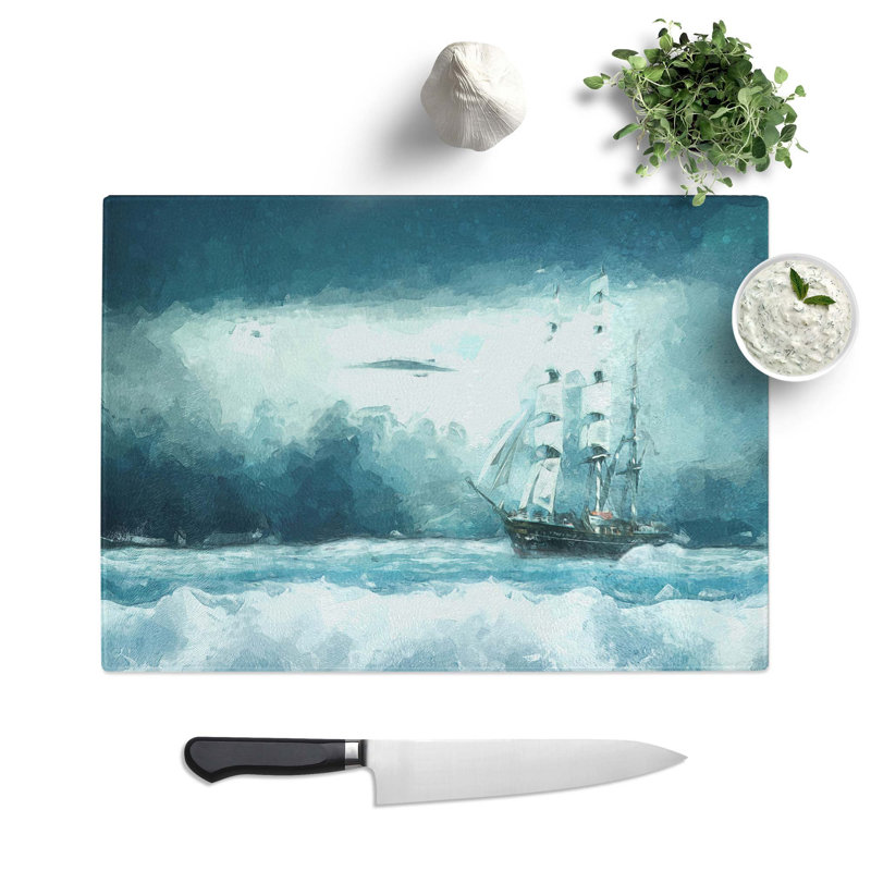 Tempered Glass Ship Sailing over a Stormy Sea Chopping Board, 39 cm W x 28.5 cm L