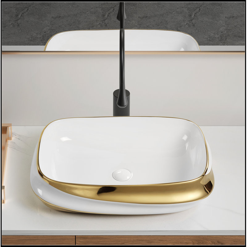 Lavabo vasque moderne en céramique de 24 po x 17 po avec rebord doré pour un meuble-lavabo élégant et une installation facile