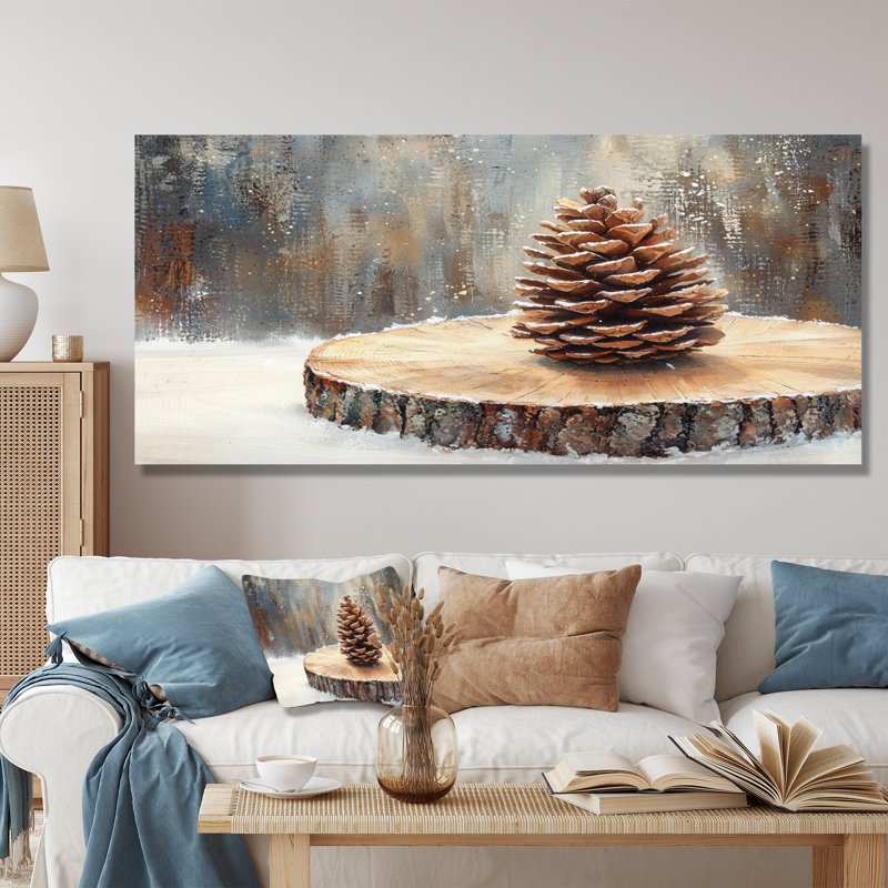 Pinecone In A Winter On A Wood Slide - Pinecone Wall Art, 24" H x 32" W, Toile tendue
