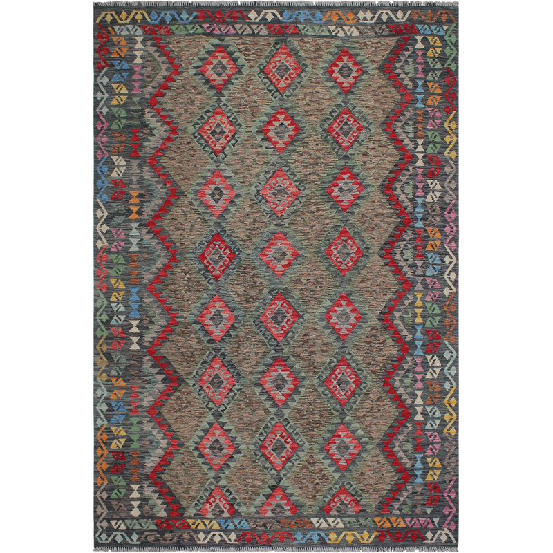 Tapis vert / gris anthracite en laine tissé à la main de style tribal / géométrique / tissé à la main 8 pi 2 po x 9 pi 8 po Cedorah