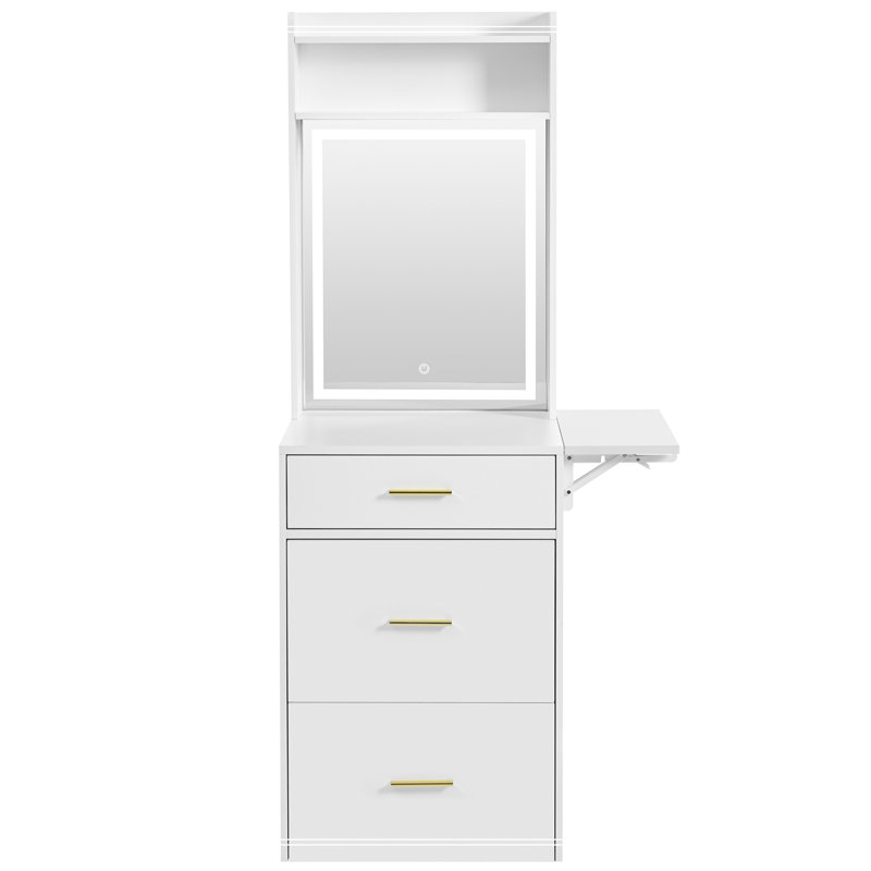 Small Vanity Desk with Mirror and Light, Dressing Table with Charging Station & Fold-up Panel for Small Space, Compact Makeup Vanity Set with Hidden Stool for Bedroom