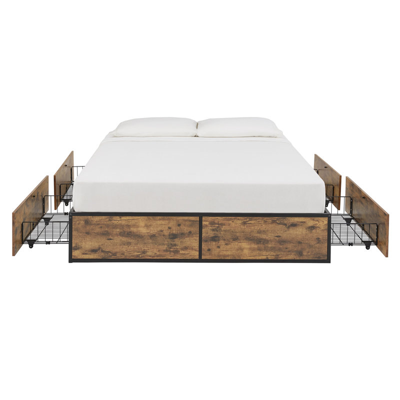 Kurato Wood Finish Panel Black Metal Platform Bed With Storage Drawers - With Wire Storage Drawers, Full