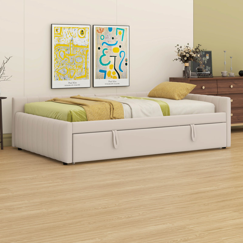 Lit de jour double rembourré en forme de L - Lit gigogne escamotable double inclus, Beige