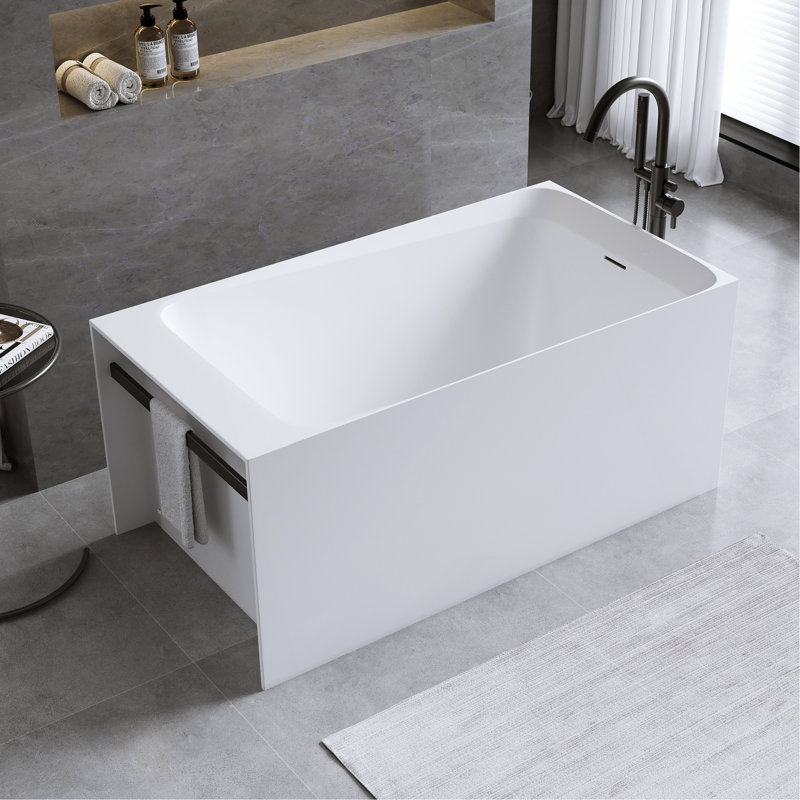 Baignoire 51 po à surface solide matte, baignoire autoportante en pierre de résine à surface solide, baignoire profonde blanche matte, baignoire autoportante avec trop-plein et bonde escamotable, blanc mat