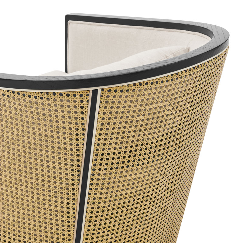 Chorlette 29.5'' H Upholstered Rattan and Wood Swivel Armchair, Black Fabric