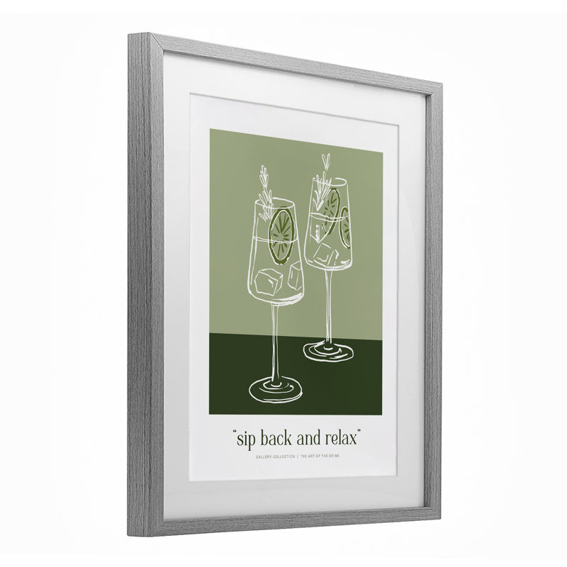 «Sit Back & Relax Green», reproduction encadrée sous verre, signée lettrée et doublée, H 21 po x l 17 po, Cadre de ferme gris