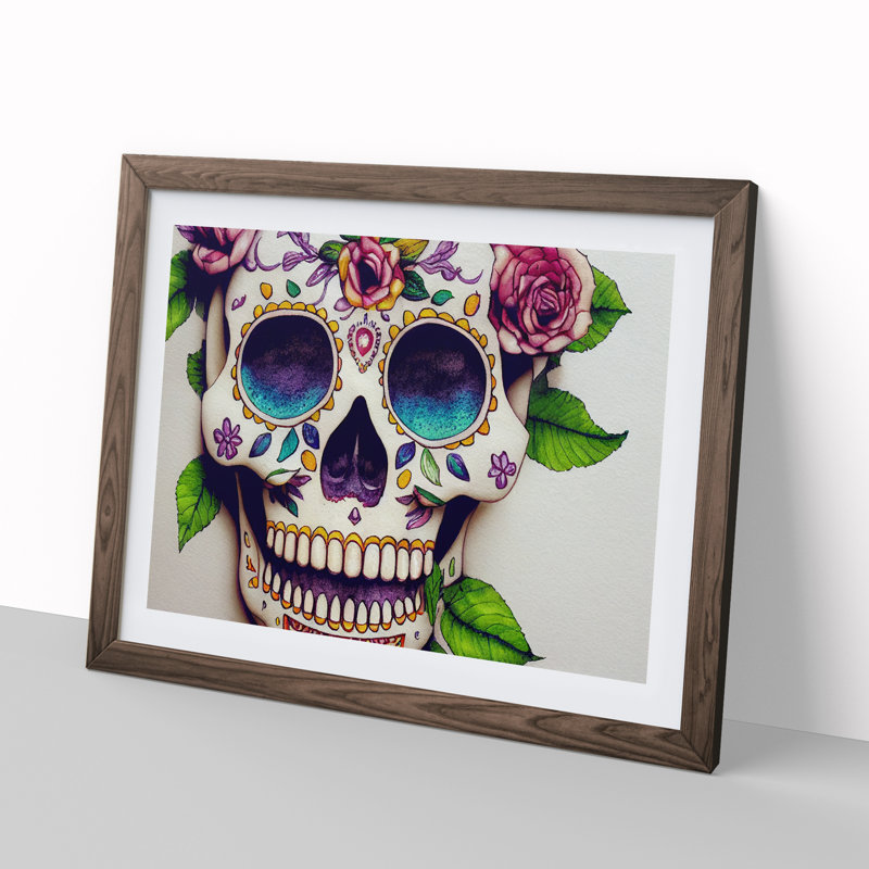 Masterful Floral Sugar Skull 1 Piece Single Picture Frame Wall Art, 46cm H x 64cm W x 2cm D, Walnut