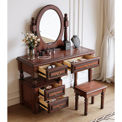 Classic Retro Solid Wood Vanity Table with Silent Sliding Drawers and Wide Thick Tabletop for Bedroom Use